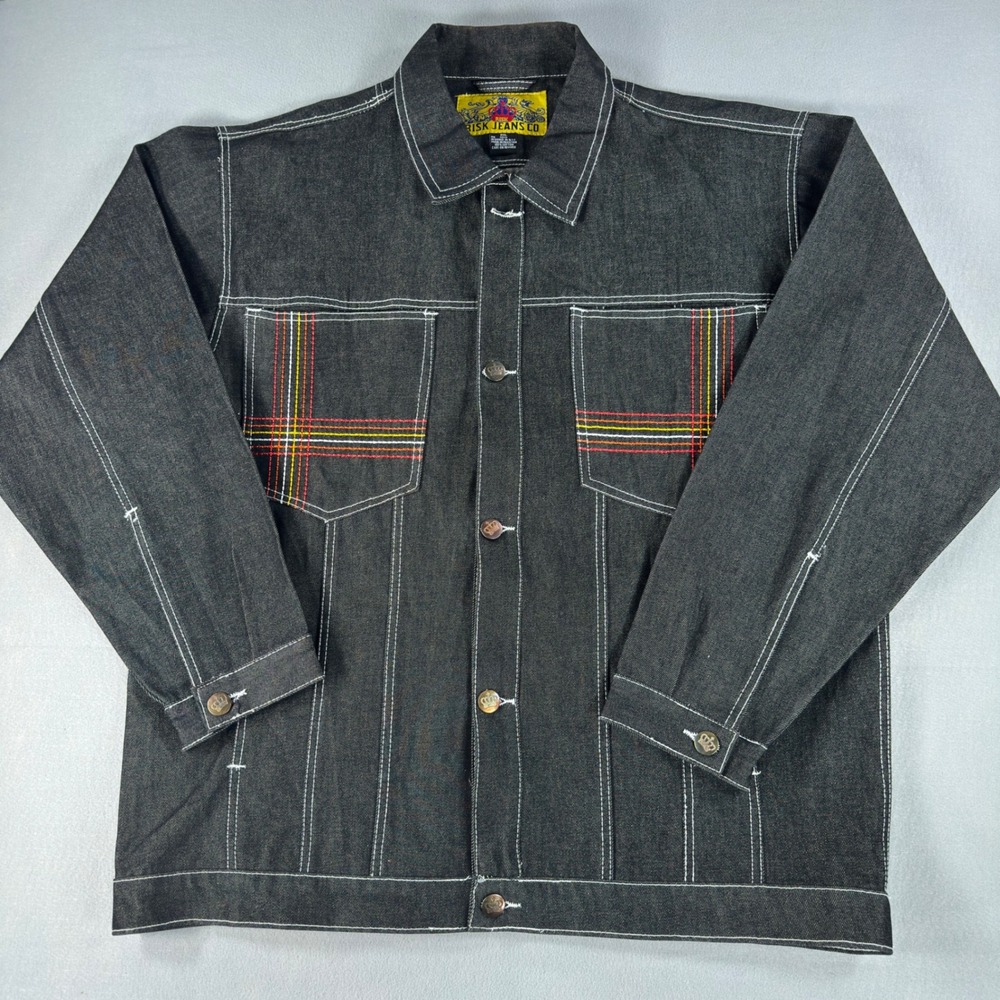 Risk Jeans Co Mens 2XL Black Denim Jacket Contrast Stitch Plaid Embroidery Crown